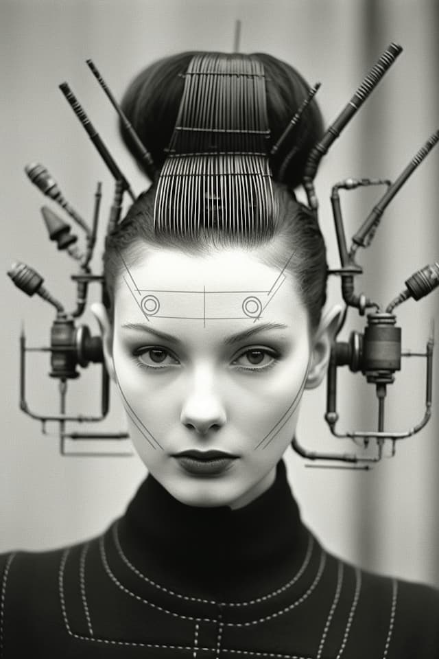 The image features a woman with a unique hairstyle, resembling a machine or a robot. She has a prominent nose and is wearing a black shirt. The woman's hair is styled in a way that it appears to be part of a machine or a futuristic design. The hairstyle is intricate and eye-catching, making her stand out in the scene.