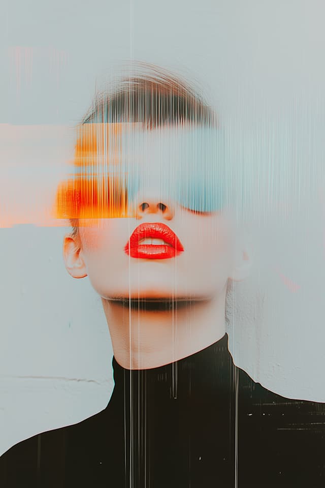 A woman with red lipstick is posing for a picture. She is wearing a black shirt and has her eyes closed. The background is blurry, and the image has a slightly distorted appearance.