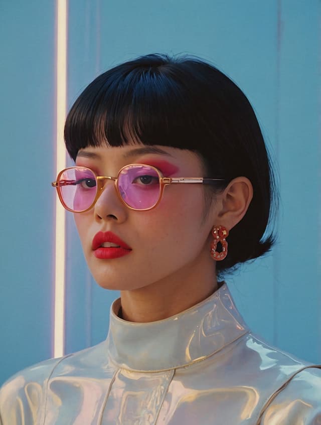 A woman wearing a white shirt and pink glasses is standing in front of ...