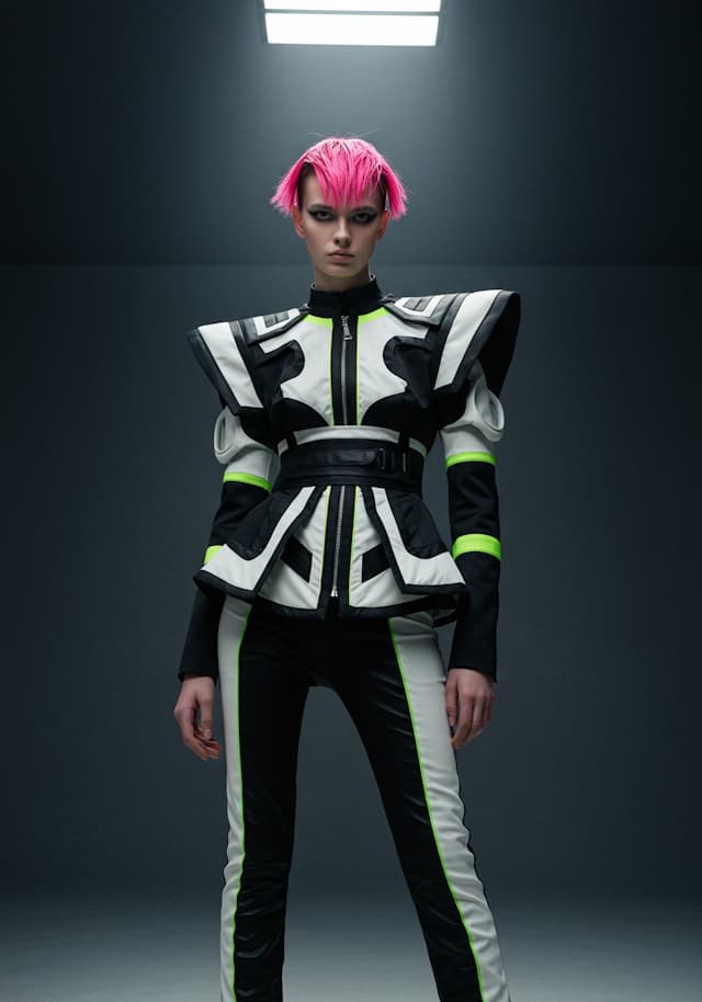 A woman wearing a black and white suit with a green stripe stands in a dark room. She is posing for a picture, and her outfit is unique and eye-catching. The woman's hair is pink, adding a pop of color to her overall appearance. The room is dimly lit, creating a dramatic atmosphere for the photo.
