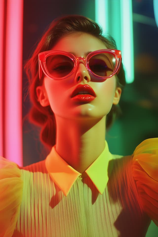 A woman is wearing a yellow shirt and red sunglasses. She is looking at ...