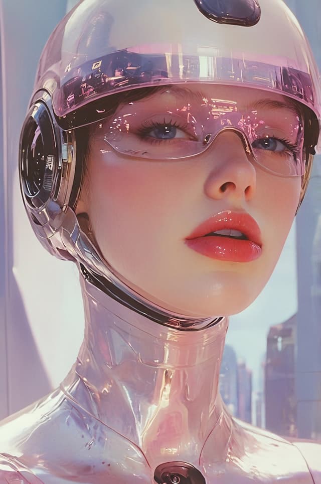 A woman wearing a silver helmet with a pink tint is staring into the ...