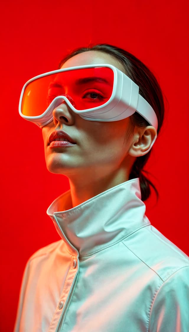 A woman wearing a white jacket and white goggles is looking to the side. The goggles are placed on her forehead and are white in color. The woman's hair is tied back, and she appears to be posing for a photo.