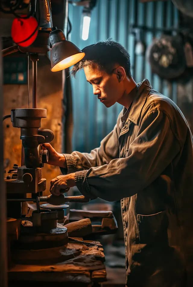 A man is working on a machine, holding a metal piece in his hand and ...