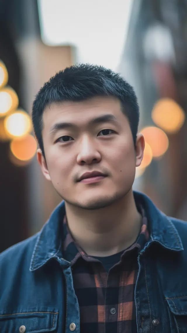 A man with short black hair is wearing a blue jacket and a plaid shirt. He is looking straight ahead, possibly posing for a picture. The man's face is the main focus of the image, and he appears to be the only subject in the photo.