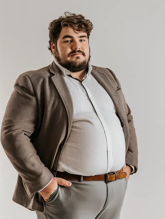 A man in a gray suit and white shirt is standing with his hands in his pockets. He is wearing a tie and appears to be posing for a picture. The man has a beard and mustache, and his suit jacket is open.