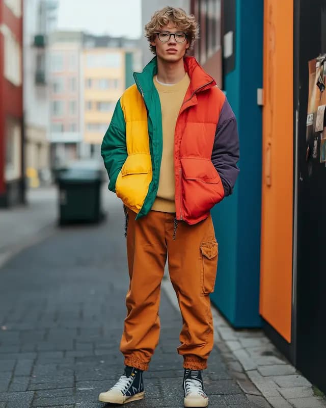 A man wearing a colorful jacket is standing on a sidewalk. He is wearing a yellow shirt, a green jacket, and orange pants. The man is also wearing a hat and glasses. The scene appears to be set in an urban environment, with a building visible in the background.