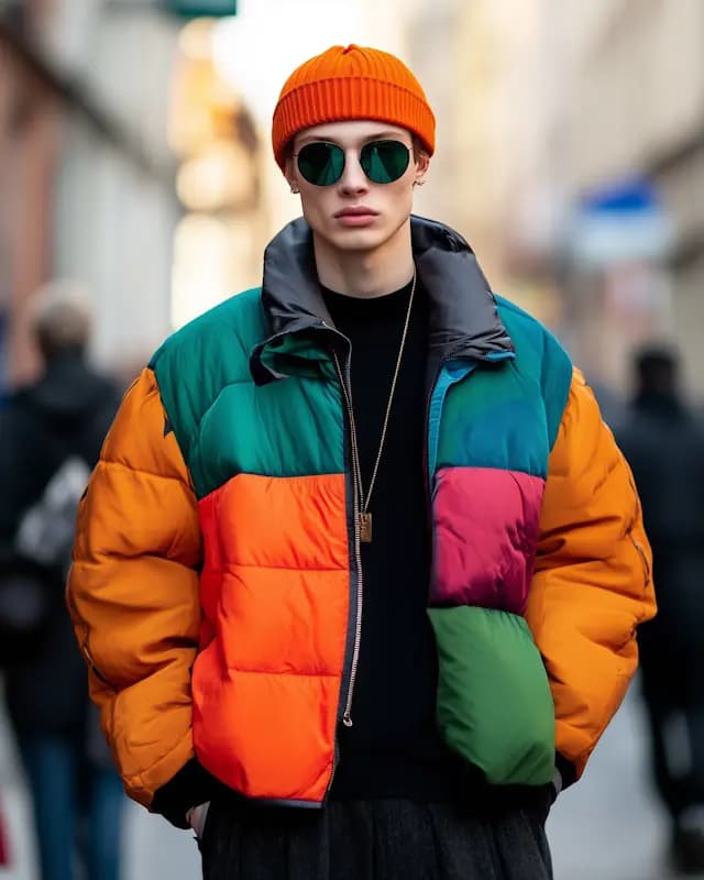 A man wearing a colorful jacket is standing on a street. He is wearing sunglasses and a necklace, and he appears to be looking at the camera. The jacket is brightly colored and has a hood, adding a unique touch to his outfit. The man is standing in front of a building, and there are other people in the background, indicating that he is in a public area.