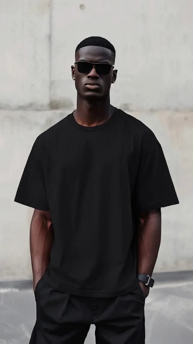 A man wearing a black shirt is standing in front of a cement wall. He ...