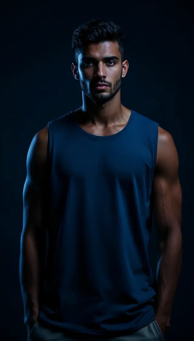 A man wearing a blue tank top is standing in a dark room. He is looking at the camera with a serious expression on his face. His muscles are visible, indicating that he is likely a fit and athletic individual. The room appears to be dimly lit, with the man being the main focus of the image.
