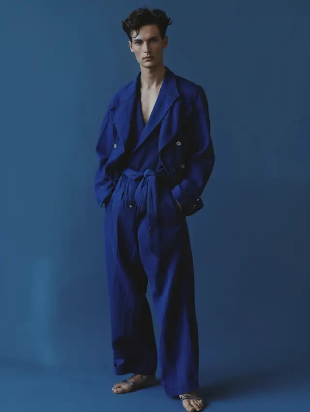 A man wearing a blue robe is standing in front of a blue background. He is posing for the camera, looking at the viewer. The robe is open, revealing his bare chest. The man is wearing a tie, which is visible around his neck. The overall scene is simple and elegant, with the blue color scheme creating a cohesive and visually appealing image.