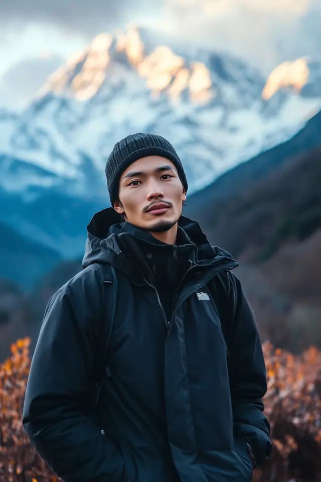A man wearing a black hat and jacket is standing in front of a mountain ...