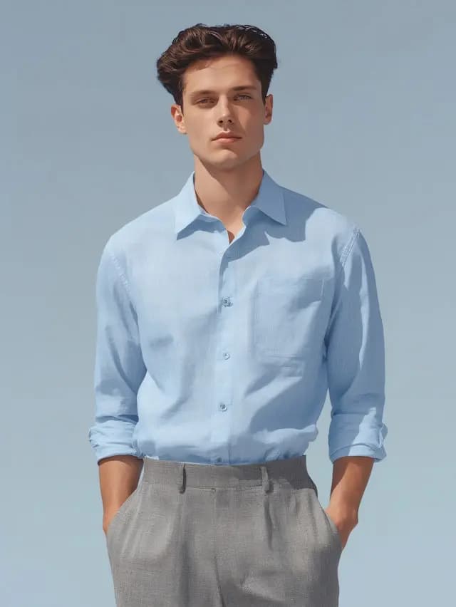 A man wearing a blue shirt and gray pants is standing in front of a ...
