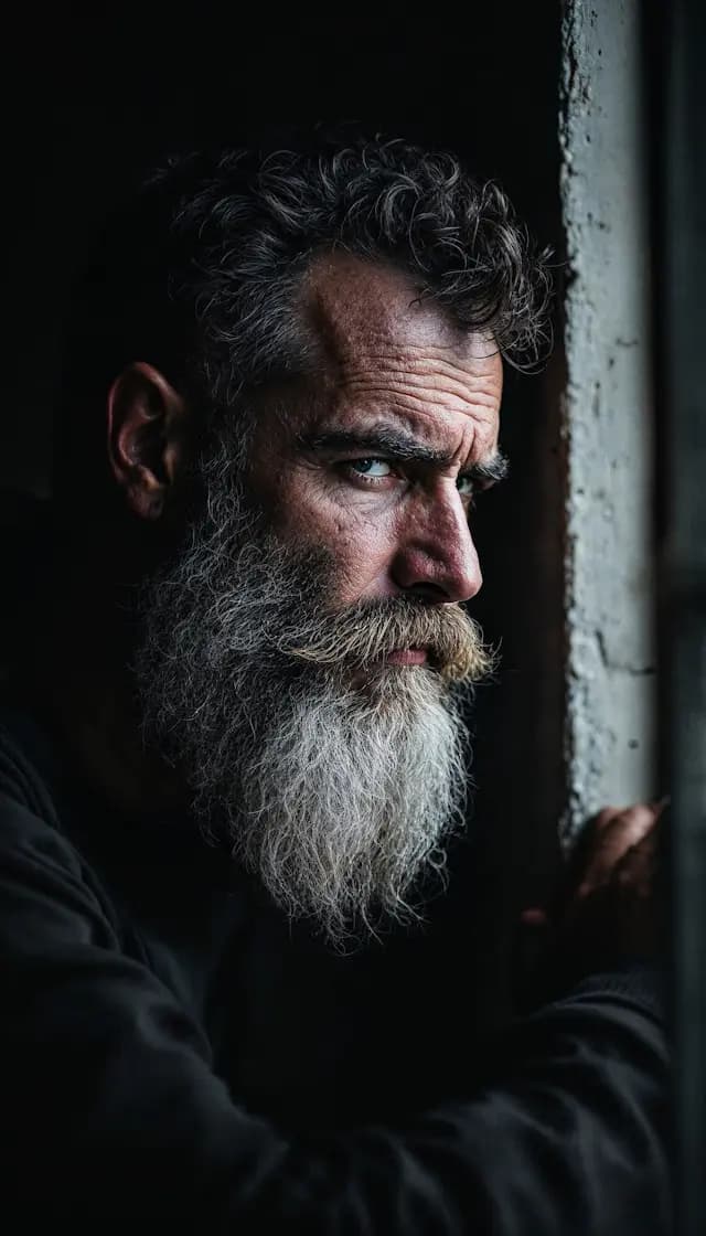 A man with a long beard and mustache is looking at the camera with a ...
