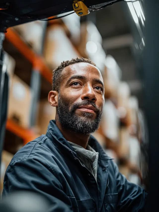 A man with a beard and mustache is standing in front of a shelf full of ...