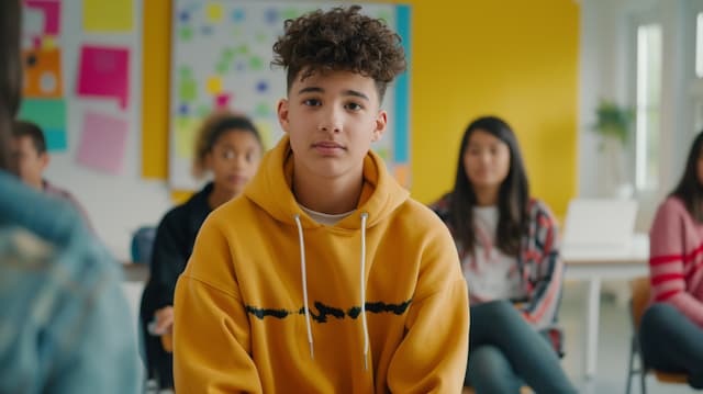 A young boy wearing a yellow hoodie is sitting in a chair, looking at the camera. He is surrounded by other people, with one person sitting on his left and another person sitting on his right. The boy in the yellow hoodie is the main subject of the image, and he appears to be the center of attention.
