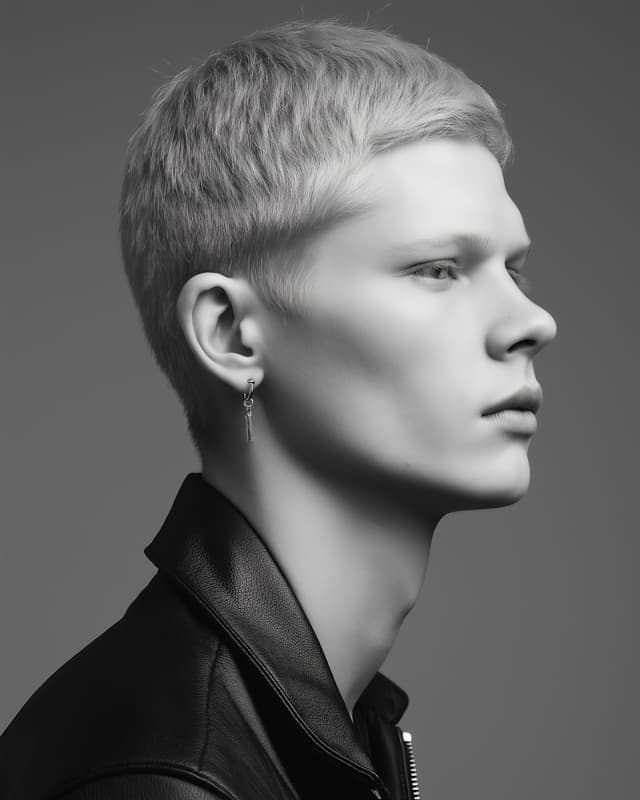 The image features a man with blond hair and a leather jacket. He is wearing a necklace and earrings, giving him a stylish appearance. The man is looking to his left, possibly observing something or someone in that direction.