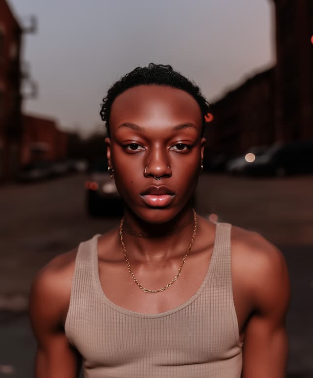 A young man with a nose ring and a gold chain around his neck is standing on a street. He is wearing a tank top and appears to be looking at the camera. The street is lined with cars, including a truck on the right side of the image. The man is the main focus of the scene, and his unique appearance and attire make him stand out.