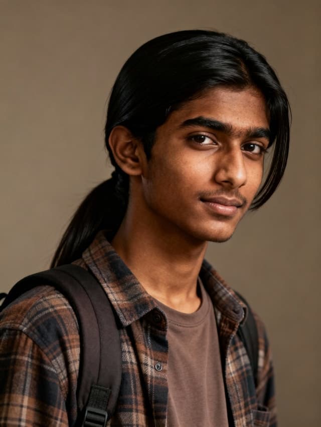 A man with long hair and a beard is wearing a plaid shirt and a backpack. He is looking at the camera with a smile on his face.