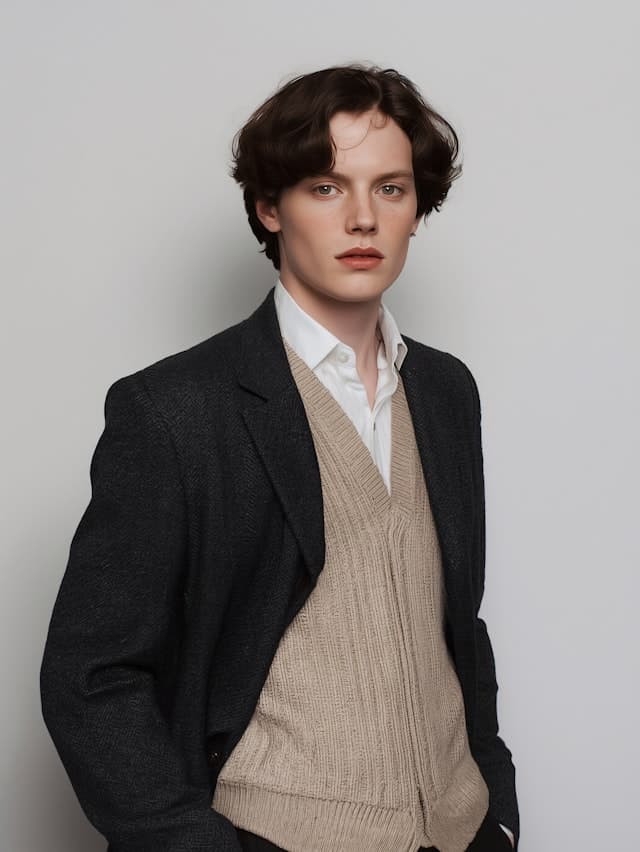 A man wearing a suit and tie is standing in front of a white background. He is wearing a brown jacket, a tan vest, and a white shirt. The man has a serious expression on his face, and his hair is styled in a short, curly cut.