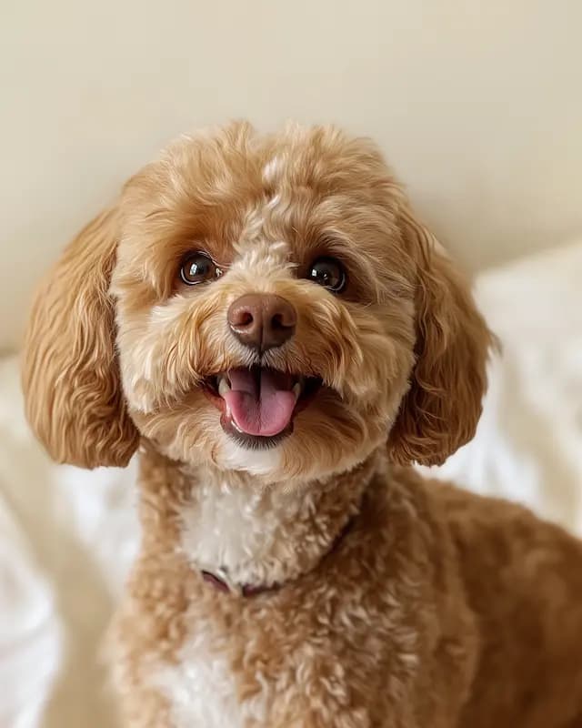 A brown and white dog is sitting on a white bed, smiling and showing its teeth. The dog has a brown collar around its neck and appears to be happy and content.