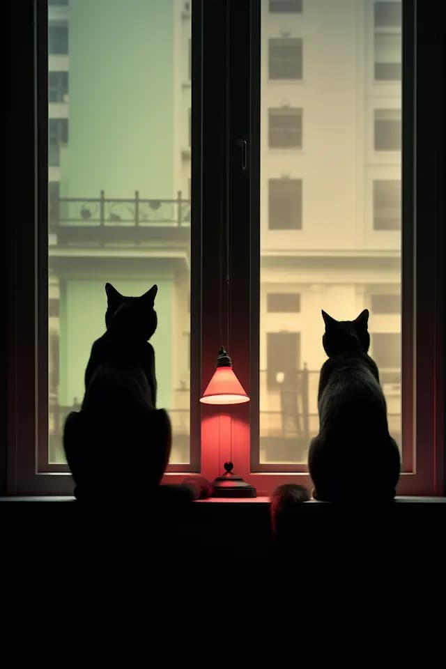A red lamp is sitting on a window sill, illuminating the room. Two cats are sitting next to the lamp, looking out the window. One cat is on the left side of the lamp, and the other cat is on the right side. The cats appear to be observing something outside, possibly a bird or another animal.