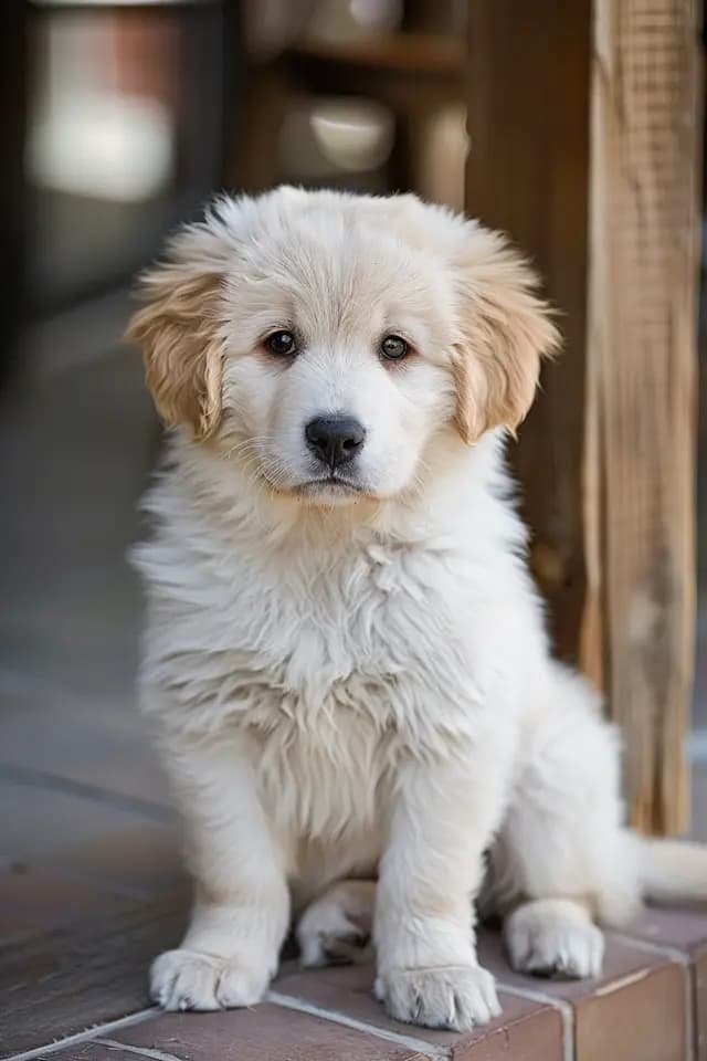A small white puppy is sitting on a wooden floor next to a wooden wall ...