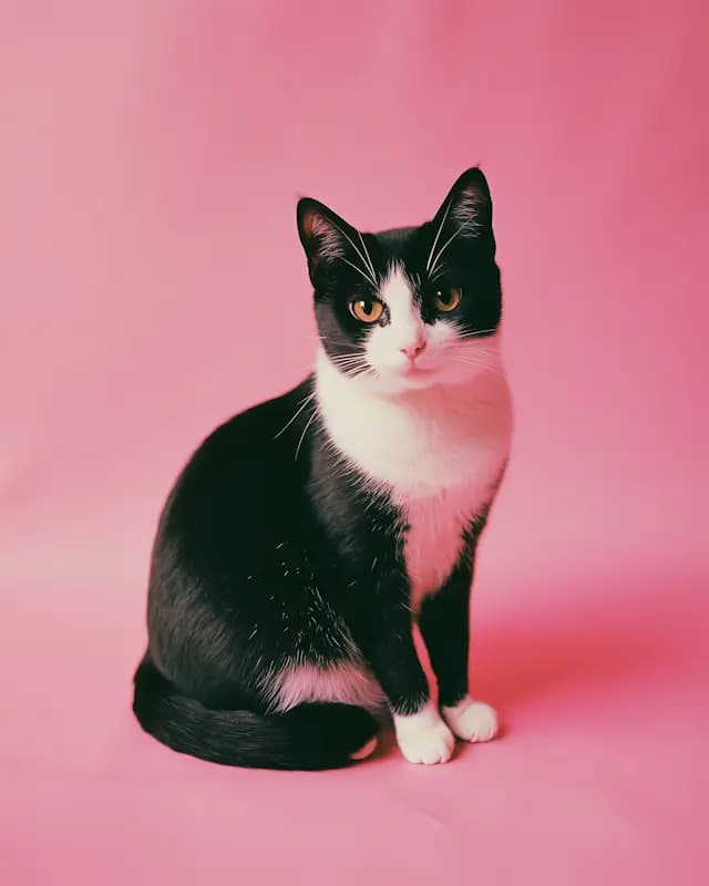 A black and white cat is sitting on a pink background. The cat is looking at the camera with a curious expression. The cat's ears are perked up, and it appears to be sitting on a pink carpet.