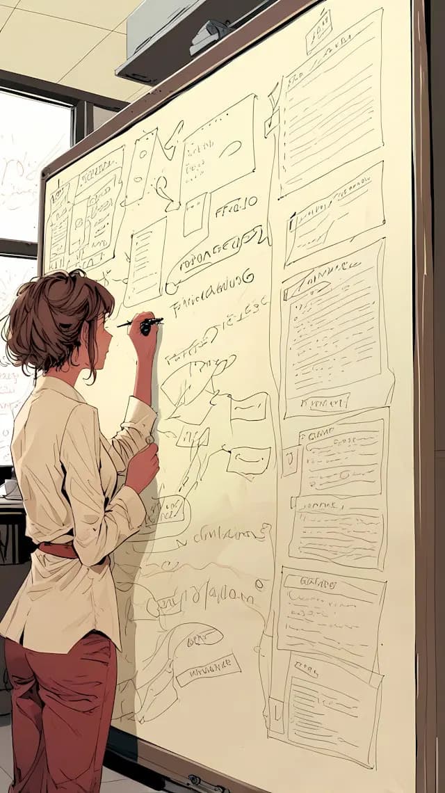 A woman is standing in front of a whiteboard, writing on it with a pen ...