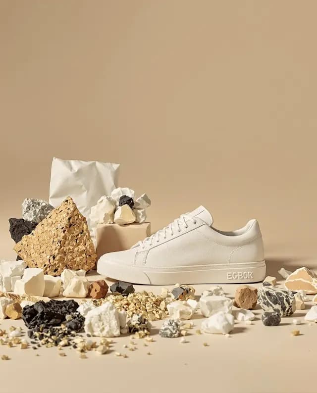 A white shoe is sitting on a pile of rocks and stones. The shoe is ...