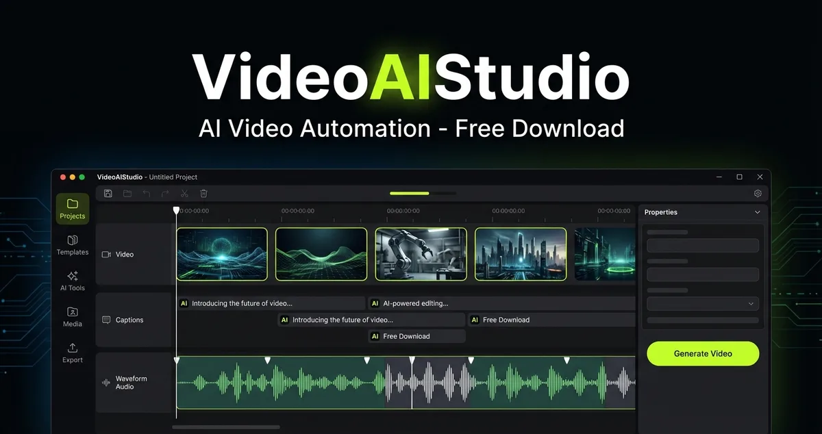 VideoAIStudio desktop app timeline with AI-generated scenes, captions and voiceover